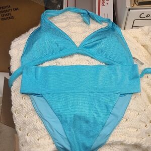 NWT Aerie Aqua Tie Halter Top High Waist Bottoms Textured Bikini Set Size XL